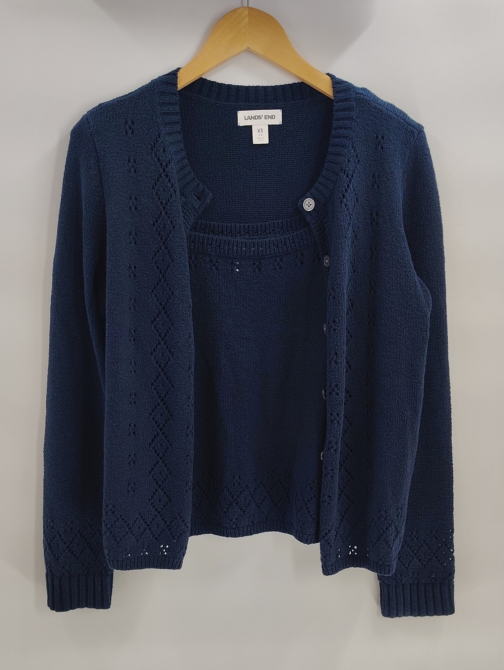 Land's End Sweater Cardigan Combo Size XS Navy Eyelet 2-Piece Set